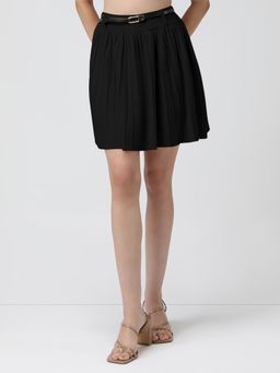 SHOWOFF - Black Solid Regular Skirt with Belt