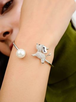 METALM - Adorable Puppy White Pearl Charm Silver Kada for Women
