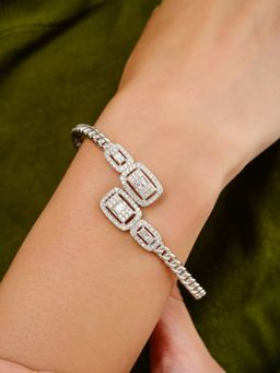 METALM - 925 Silver Cz Baguette Diamonds Cuff Kada for Women