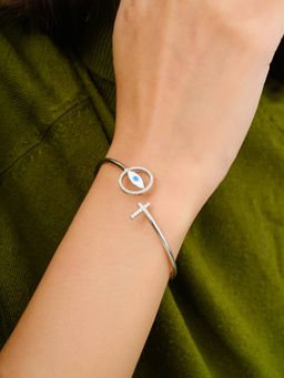METALM - Evil Eye Charm Adjustable Silver Cuff Kada