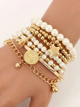 Jewels Galaxy - Gold Plated Pearl Studded Multistrand Korean Bracelet (Pack of 6)