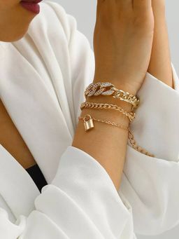 Jewels Galaxy - Gold Plated Stone Studded Lock Inspired Multi-Strand Bracelet