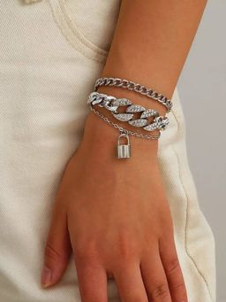 Jewels Galaxy - Silver Plated Stone Studded Lock Inspired Multi-Strand Bracelet