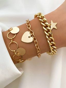 Jewels Galaxy - Gold Plated Heart-Star Contemporary Bracelet (Pack of 3)