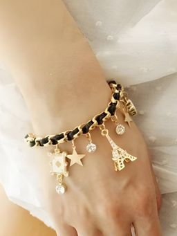 Jewels Galaxy - Gold Plated Black and White Eiffel Theme Charm Bracelet