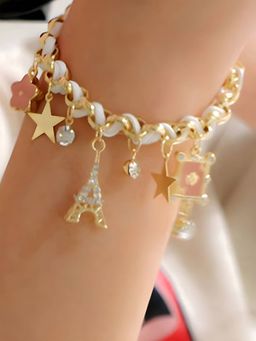 Jewels Galaxy - Gold Plated White and Pink Eiffel Theme Charm Bracelet