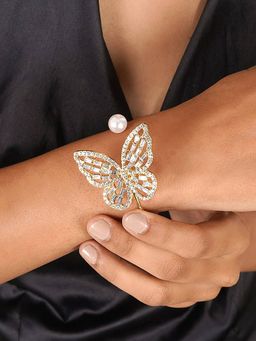 Jewels Galaxy - Gold Plated Butterfly Inspired Stone Studded Korean Cuff Bracelet