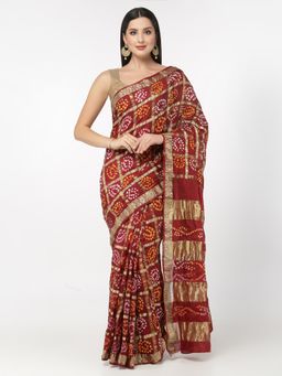 KISHORI - Women Silk Bandhani and Zari Weaving Saree with Unstitched Blouse - Maroon
