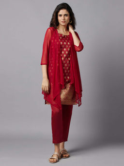 Aurelia - Red Gilet Kurti and Trousers (Set of 3)