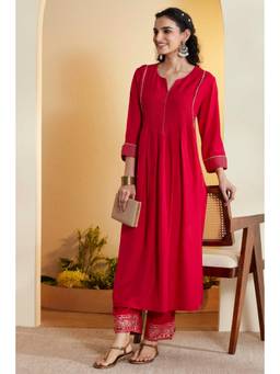 Biba - Women Pink Viscose Blend Solid Flared Kurta