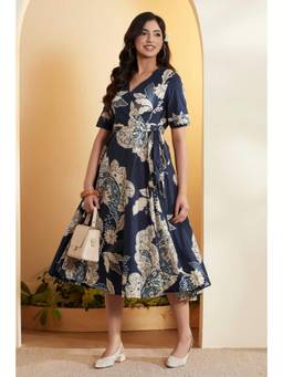 Biba - Women Navy Blue Cotton Floral Printed Asymmetric Dress