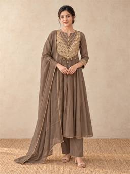 Seerat - Taupe Gold Embellished Anarkali Kurta with Pants and Dupatta