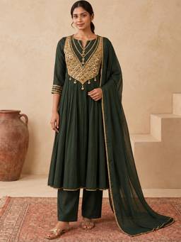 Seerat - Forest Green Gold Embellished Anarkali Kurta with Pants and Dupatta