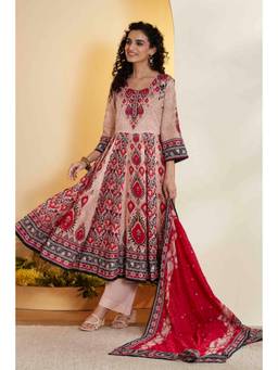 Biba - Women Beige Cotton Printed Anarkali Kurta with Palazzo & Dupatta