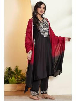 Biba - Women Black Cotton Silk Straight Kurta with Palazzo & Dupatta