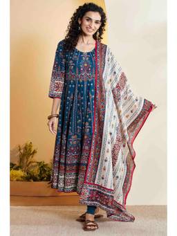 Biba - Women Blue Printed Anarkali Cotton Kurta with Churidar & Dupatta