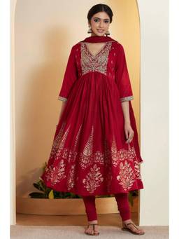 Biba - Women Red Cotton Anarkali Kurta with Churidar & Dupatta