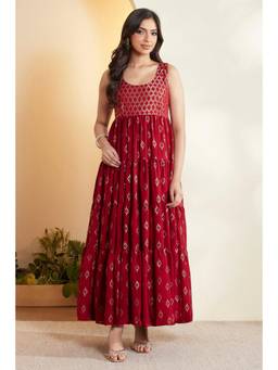 Biba - Women Red Printed Tiered Maxi Dress