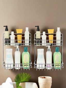 Kuber Industries - Pack of 2 Stainless Steel 2-Layer Bathroom Shelf for Wall - 10x12 Inch - Silver