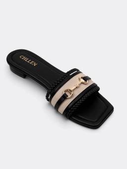 CHLLEN - Black Embellished Chain Detail Flat Slides