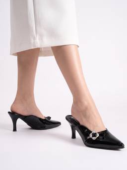 DENILL - Glossy Heeled Mules with Bow and Rhinestone Detail