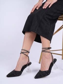 DENILL - Rhinestone High Heels with Crisscross Straps and Transparent Block Heel