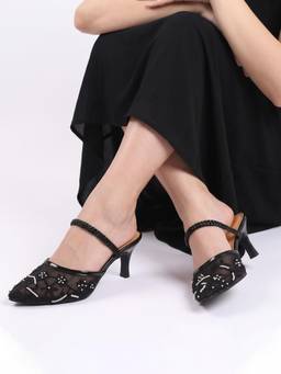 DENILL - Beaded Slip-On Shoes with Pointed Toe & Braided Strap Heels