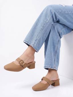DENILL - Square-Toe Mules with Gold Buckle Strap and Block Heel
