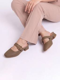DENILL - Square-Toe Mules with Gold Buckle Strap and Block Heel