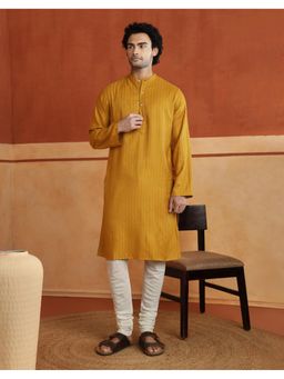 Fabindia - Yellow Viscose Blend Dobby Slim Fit Long Kurta