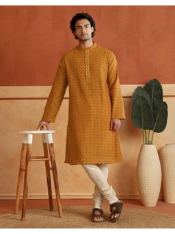 Fabindia - Mustard Cotton Hand Block Printed Slim Fit Long Kurta