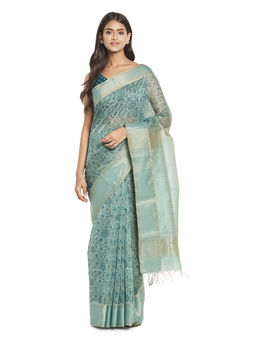 Fabindia - Green Hand Block Print Cotton Silk Saree