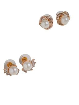 Accessher - Stunning Rose Gold Plated American Diamonds and Pearls Embedded Stud Earrings Set of 2