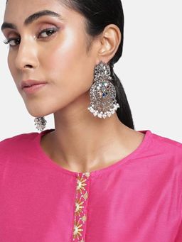 Accessher - Oxidised Silver Mirror and Pearl Embellished Chandbali Drop Earrings