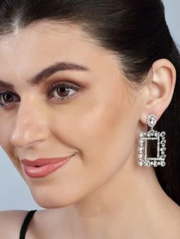 Accessher - Ethnic Silver Plated Rhinestones Studded Geometric Design Dangle Earrings