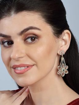 Accessher - Gold Plated Floral Design Pink Rhinestones Embellished Dangle Drop Earrings