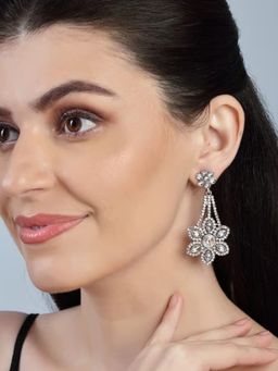 Accessher - Silver Plated Floral Design Rhinestones Embellished Dangler Drop Earrings