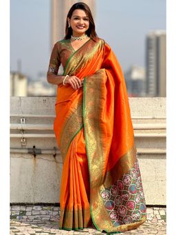 SGF11 - Women Orange Kanjeevaram Woven Saree with Unstitched Blouse