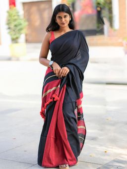 I LOVE SAREES - Women Black Cotton Woven Saree with Unstitched Blouse