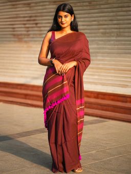 I LOVE SAREES - Women Maroon Cotton Woven Saree with Unstitched Blouse