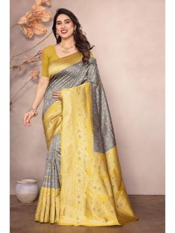 Anjaneya Sarees - Women Grey Banarasi Woven Saree with Unstitched Blouse