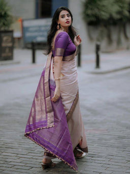 Anjaneya Sarees - Women Beige Banarasi Woven Saree with Unstitched Blouse