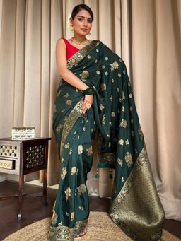 Anjaneya Sarees - Women Green Banarasi Floral Saree with Unstitched Blouse