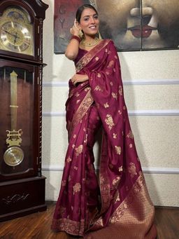 Anjaneya Sarees - Women Purple Banarasi Floral Saree with Unstitched Blouse