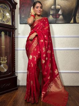 Anjaneya Sarees - Women Red Banarasi Floral Saree with Unstitched Blouse