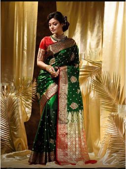 Anjaneya Sarees - Women Green Banarasi Floral Saree with Unstitched Blouse