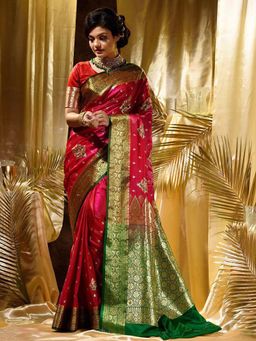 Anjaneya Sarees - Women Red Banarasi Floral Saree with Unstitched Blouse