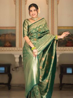 Anjaneya Sarees - Women Green Banarasi Woven Saree with Unstitched Blouse