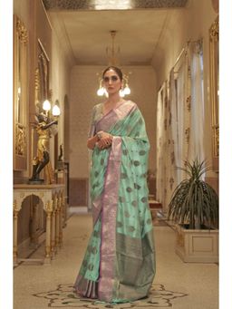 Elora - Women Turquoise Silk Woven Saree with Unstitched Blouse