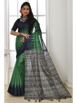SGF11 - Women Green Tussar Silk Geometric Saree with Unstitched Blouse